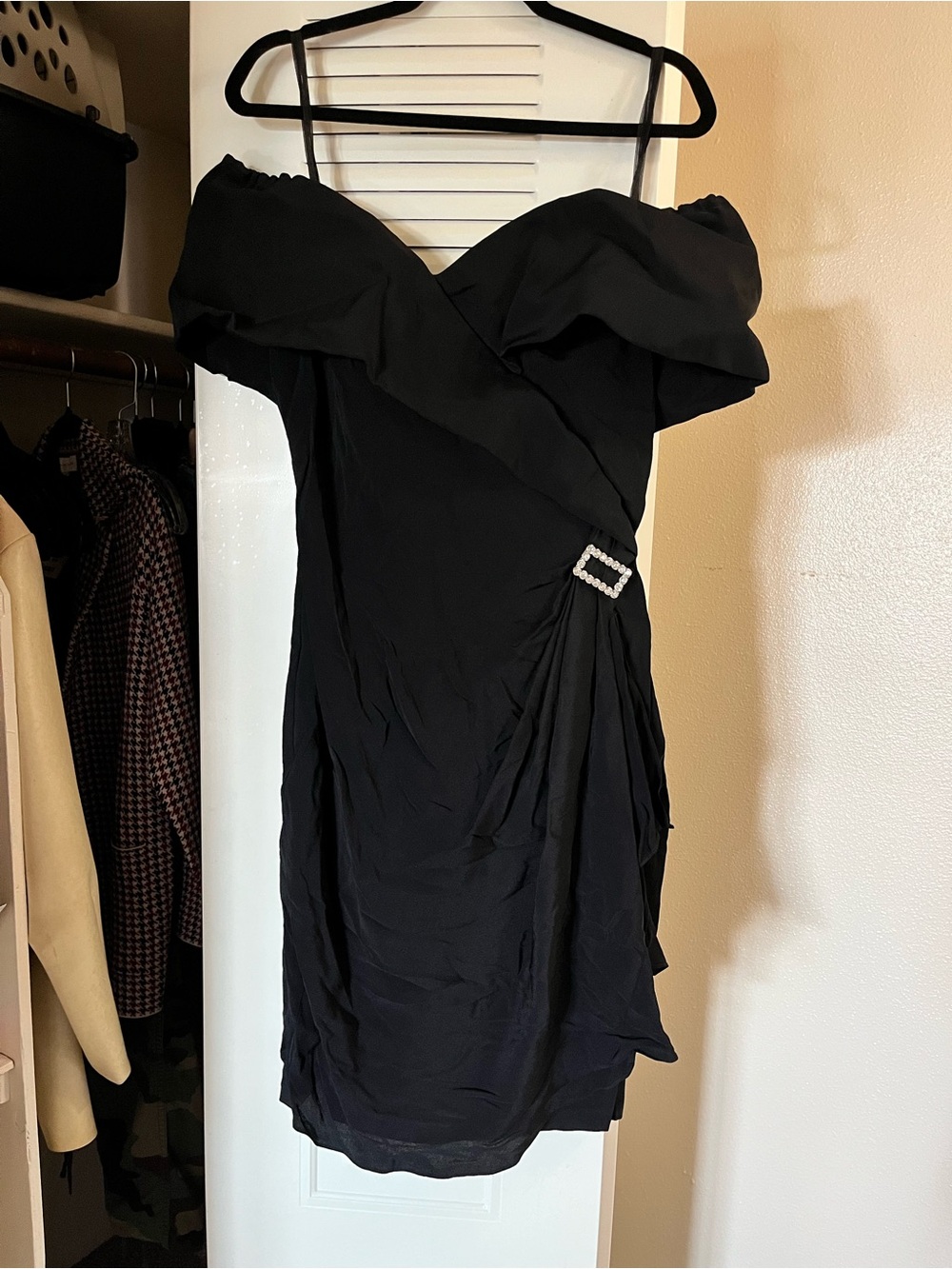 Vintage 80s Black Off-Shoulder Cocktail Dress with Crystal Buckle